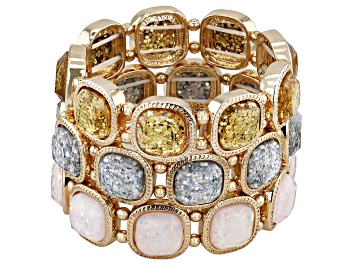 Picture of Glass Crystal With Multi-Color Glitter Gold Tone Set of 3 Stretch Bracelet