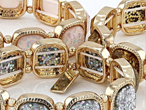 Glass Crystal With Multi-Color Glitter Gold Tone Set of 3 Stretch Bracelet