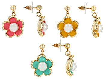 Picture of Multi-Color Enamel & Pearl Simulant Gold Tone Set of 3 Flower Earrings