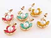 Multi-Color Enamel & Pearl Simulant Gold Tone Set of 3 Flower Earrings