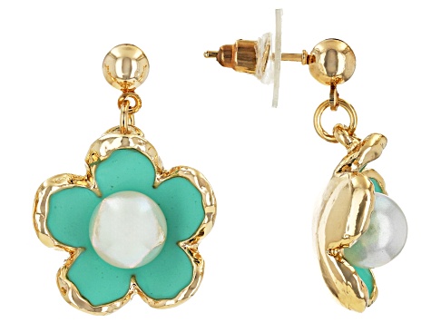 Multi-Color Enamel & Pearl Simulant Gold Tone Set of 3 Flower Earrings