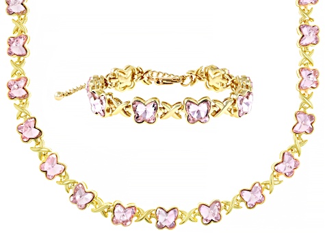 Pink Crystal Gold Tone Butterfly Necklace & Bracelet Set