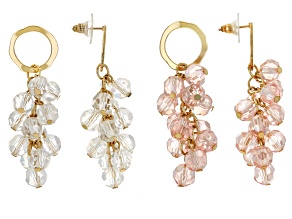 White & Pink Beaded Gold Tone Set of 2 Earrings