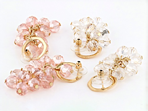 White & Pink Beaded Gold Tone Set of 2 Earrings