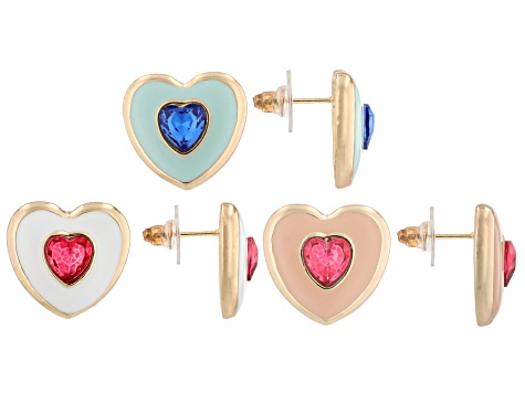 Multi-Color Crystal & Enamel Gold Tone Heart Earring Set of 3