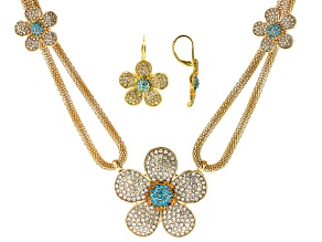Pave White & Blue Crystal Gold Tone Flower Necklace & Earring Set