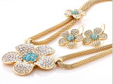 Pave White & Blue Crystal Gold Tone Flower Necklace & Earring Set