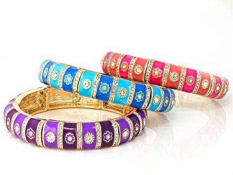 White Crystal & Multi-Color Enamel Gold Tone Stretch Bracelet Set of 3