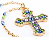 Multi-Color Glass Gold Tone Cross Pendant With Chain