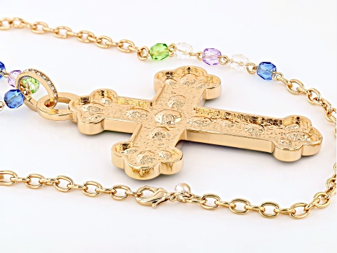 Multi-Color Glass Gold Tone Cross Pendant With Chain