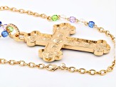 Multi-Color Glass Gold Tone Cross Pendant With Chain