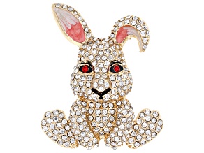 Red & White Crystal Gold Tone Bunny Brooch