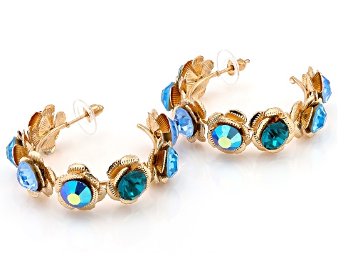 Multi-Color Crystal Gold Tone Floral Set of 3 Hoop Earrings