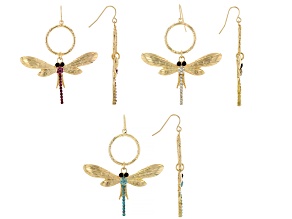 Multi-Color Crystal Gold Tone Set of 3 Dragonfly Earrings