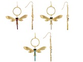 Multi-Color Crystal Gold Tone Set of 3 Dragonfly Earrings