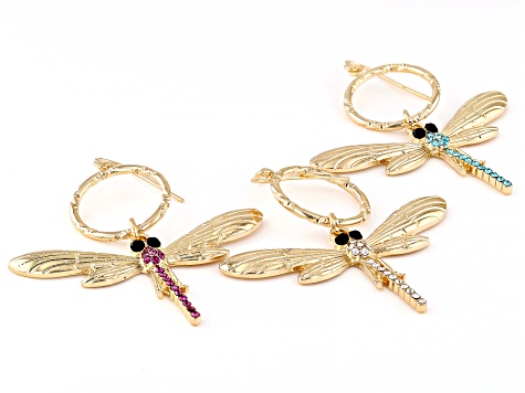 Multi-Color Crystal Gold Tone Set of 3 Dragonfly Earrings