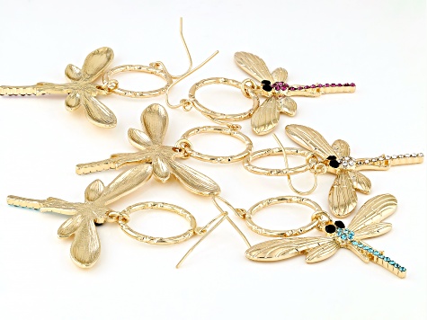 Multi-Color Crystal Gold Tone Set of 3 Dragonfly Earrings