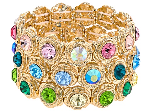 Multi-Color Crystal Gold Tone Set of 3 Floral Bracelet