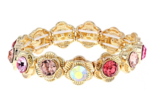9mm Multi-Color Crystal Gold Tone Set of 3 Floral Bracelet