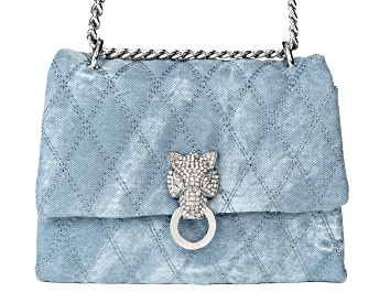Picture of White Crystal Panther Blue Fabric Silver Tone Clutch