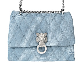 White Crystal Panther Blue Fabric Silver Tone Clutch