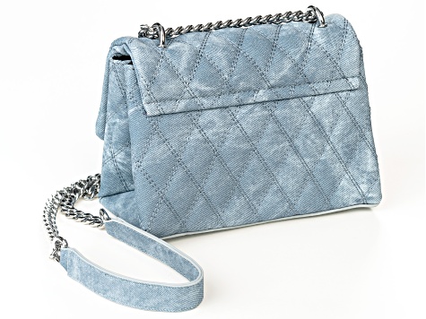 White Crystal Panther Blue Fabric Silver Tone Clutch