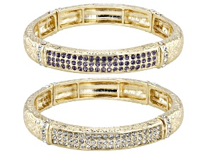 Tanzanite Color Glass & White Crystal Gold Tone Set of 2 Stretch Bracelet