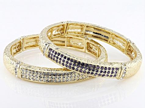 Tanzanite Color Glass & White Crystal Gold Tone Set of 2 Stretch Bracelet