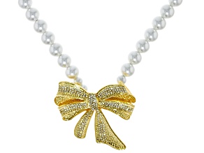 10mm Pearl Simulant & Crystal Gold Tone Necklace with Removable Bow Brooch