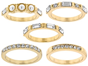 Pearl Simulant & White Crystal Gold Tone Set of 5 Rings