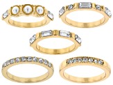 Pearl Simulant & White Crystal Gold Tone Set of 5 Rings