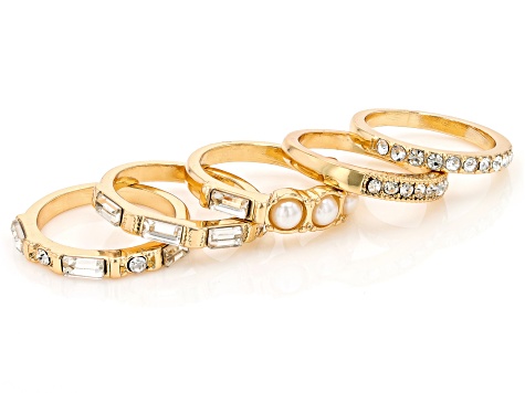 Pearl Simulant & White Crystal Gold Tone Set of 5 Rings