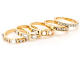 Pearl Simulant & White Crystal Gold Tone Set of 5 Rings