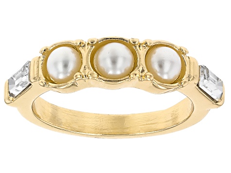 Pearl Simulant & White Crystal Gold Tone Set of 5 Rings