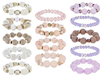 Picture of Pink, Purple, & White Beaded Gold Tone Set of 14 Stretch Bracelets