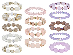 Pink, Purple, & White Beaded Gold Tone Set of 14 Stretch Bracelets