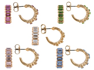 Baguette Multi-Color Crystal Gold Tone Hoop Earrings Set of 5