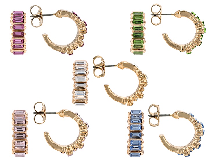 コレクション AUTHENTIC&UNIQUE JEWELRY Multi-Color Crystal Gold Tone Hoop Earrings Set of 5 4x2mm