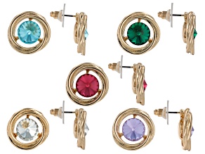 Multi-Color Crystal Gold Tone Set of 5 Stud Earrings