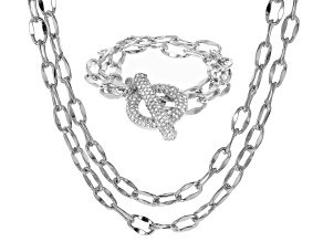 Pave Crystal Glass Silver Tone Toggle Necklace & Bracelet Set