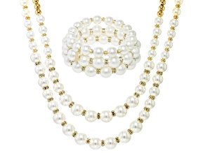Pearl Simulant & Crystal Gold Tone Necklace & Stretch Bracelet Set