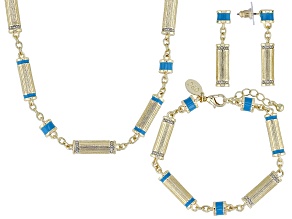 Turquoise Color Enamel & White Crystal Gold Tone Necklace, Bracelet & Earring Set
