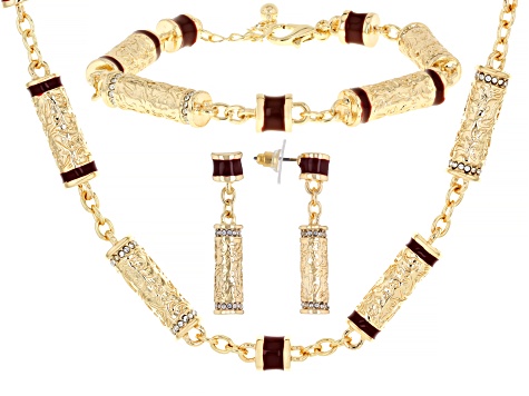 Red Color Enamel & White Crystal Gold Tone Necklace, Bracelet & Earring Set
