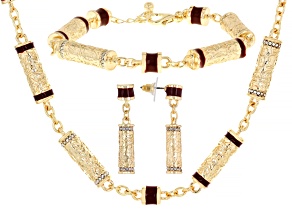 Red Color Enamel & White Crystal Gold Tone Necklace, Bracelet & Earring Set