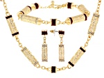 Red Color Enamel & White Crystal Gold Tone Necklace, Bracelet & Earring Set