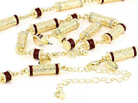 Red Color Enamel & White Crystal Gold Tone Necklace, Bracelet & Earring Set