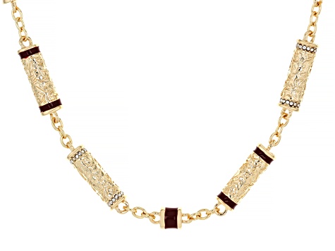 Red Color Enamel & White Crystal Gold Tone Necklace, Bracelet & Earring Set