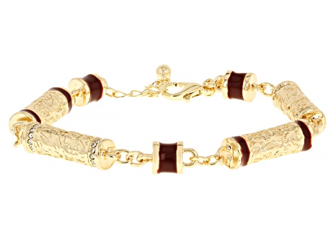 Red Color Enamel & White Crystal Gold Tone Necklace, Bracelet & Earring Set