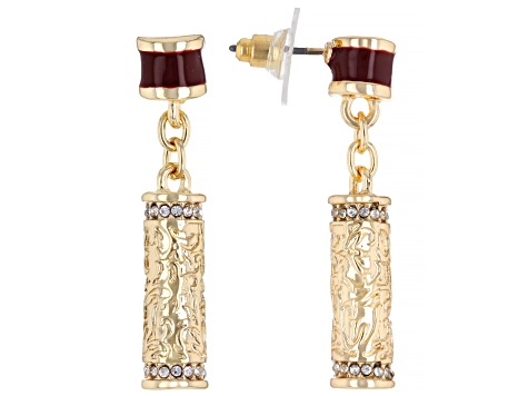 Red Color Enamel & White Crystal Gold Tone Necklace, Bracelet & Earring Set