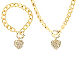 Pave Crystal Heart Gold Tone Cuban Link Necklace & Bracelet